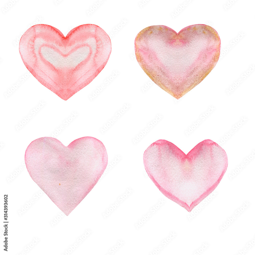 Watercolor illustration of pink hearts. Hand-drawn with watercolors and suitable for all types of design and printing