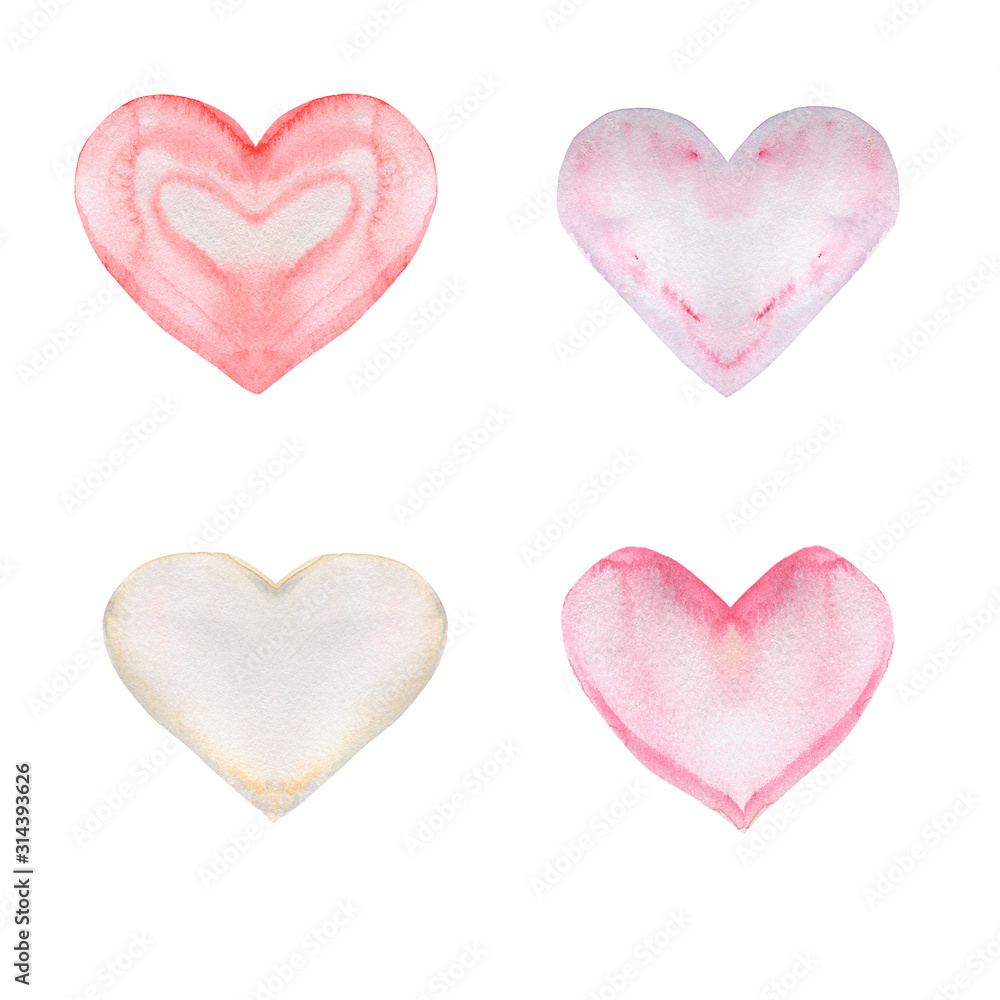 Watercolor illustration of pink hearts. Hand-drawn with watercolors and suitable for all types of design and printing