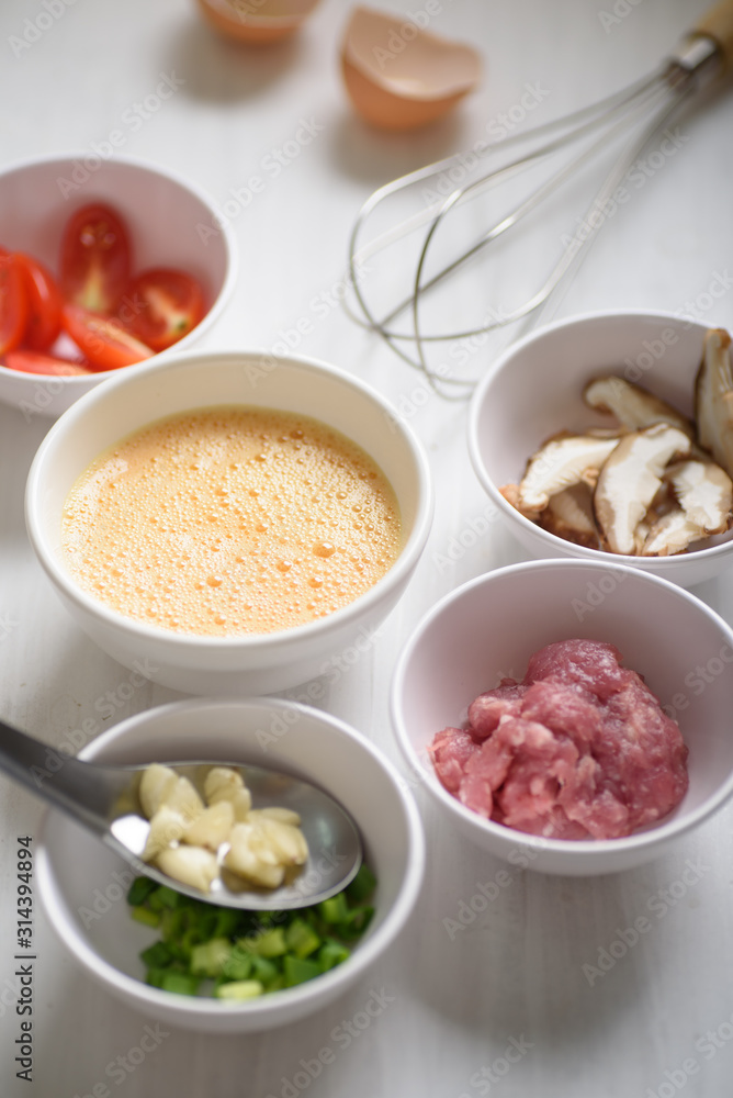 Food ingredients for making minced pork omelette in Thai style Food ingredients for making minced pork omelette in Thai style