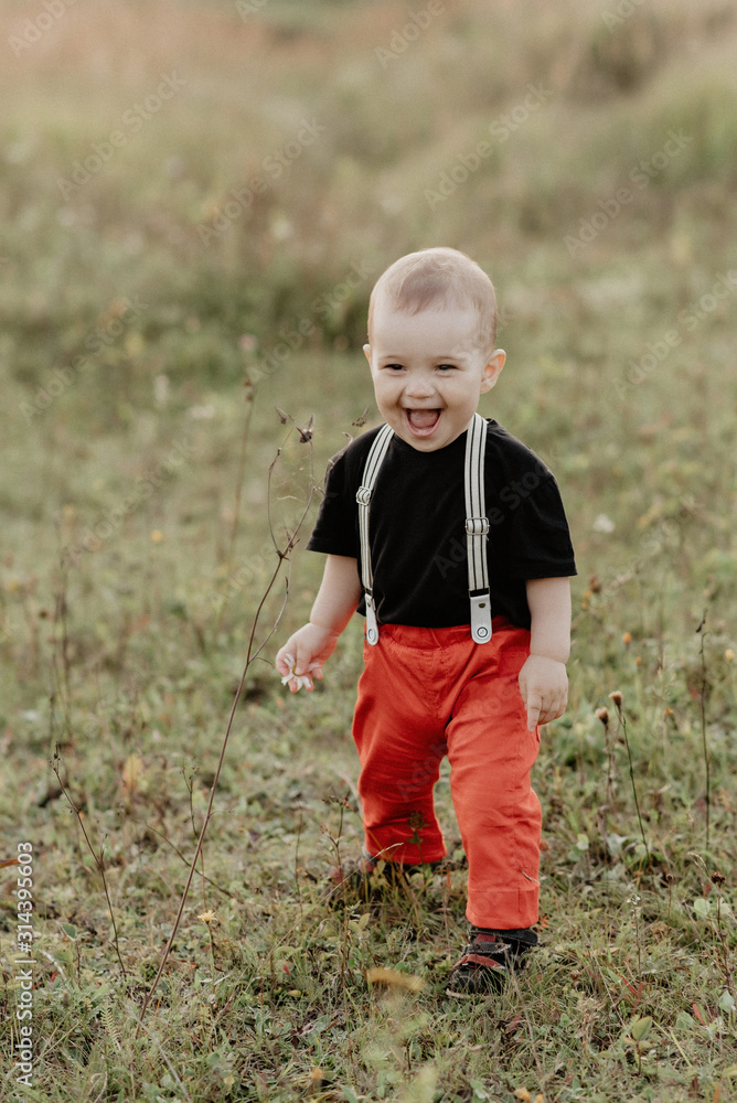 little baby boy smiling standing on grass in summer field little baby boy smiling standing on grass in summer field