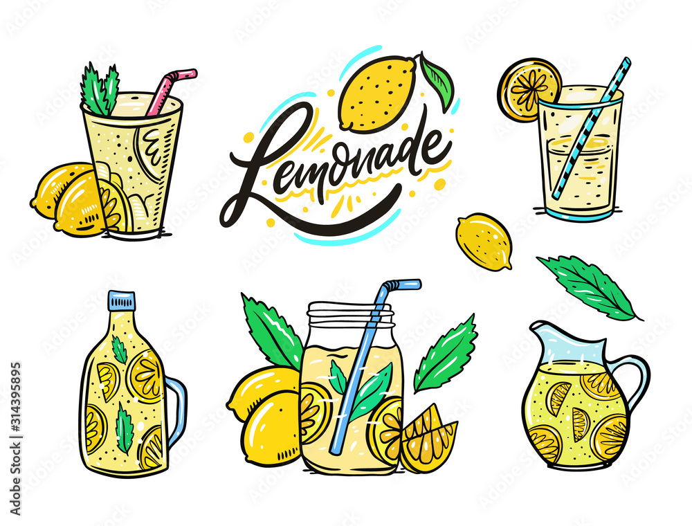 Summer Lemonade set. Lemon, mint, lemon slice, glass and jug. Vector illustration set. Cartoon style. Summer Lemonade set. Lemon, mint, lemon slice, glass and jug. Vector illustration set. Cartoon style.