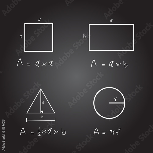 Hand written formula area of rectangular, triangle and circle on black background. Equation area of mathematics. Education and learning concept.