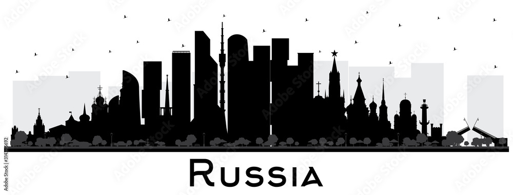 Russia City Skyline Silhouette with Black Buildings Isolated on White.