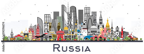 Russia City Skyline with Color Buildings Isolated on White.