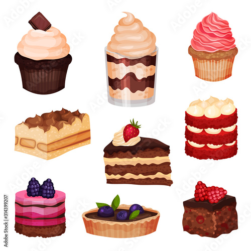 Tasty Sweet Cakes and Cupcakes Collection, Delicious Desserts with Fresh Berries Vector Illustration