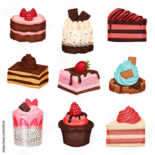 Sweet Cake Slices and Cupcakes Collection, Delicious Desserts with Fresh Berries Vector Illustration