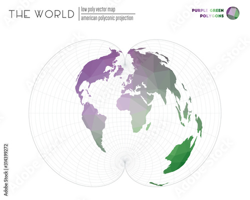 Low poly world map. American polyconic projection of the world. Purple Green colored polygons. Modern vector illustration.