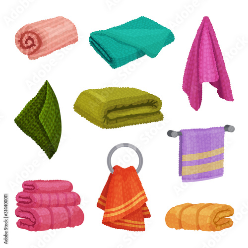 Different Hanging and Folded Towels for Kitchen and Bathroom Vector Set