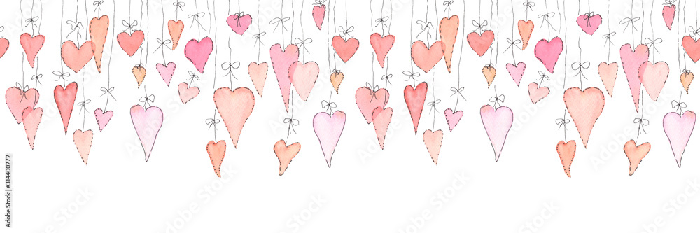 Seamless watercolor border pattern for Valentine's day with pink hearts ...