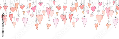 Seamless watercolor border pattern for Valentine's day with pink hearts hanging on ribbons, isolated on a white background. Hand watercolor drawing for Wallpaper, greetings, invitations, wedding decor