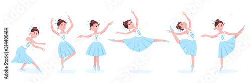 Young beautiful ballerinas set dressed in tutu and pointe shoes standing at the pose flat style design vector illustration isolated on white background. Elegant young character of classic ballet.