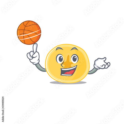 A mascot picture of banana chips cartoon character playing basketball