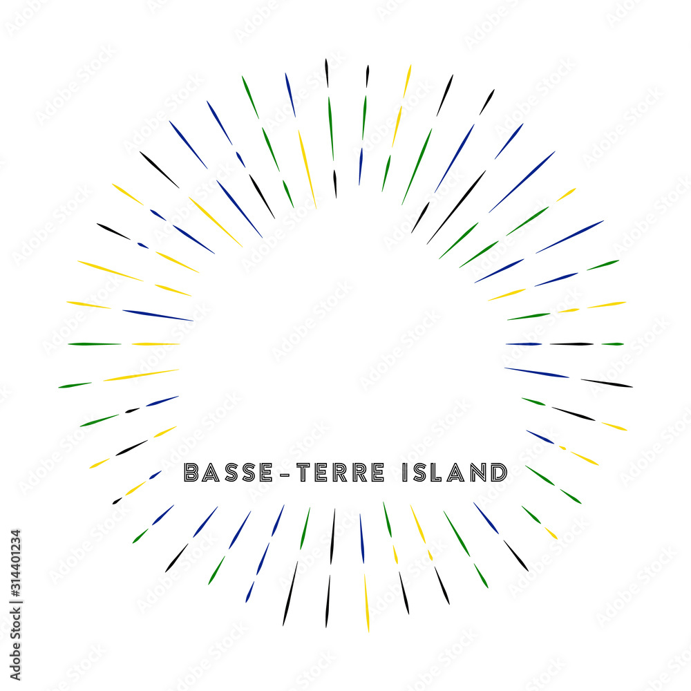 Basse-Terre Island sunburst badge. The island sign with a map of Basse-Terre Island with the Guadeloupian flag. Colorful rays around the logo. Vector illustration. Basse-Terre Island sunburst badge. The island sign with a map of Basse-Terre Island with the Guadeloupian flag. Colorful rays around the logo. Vector illustration.