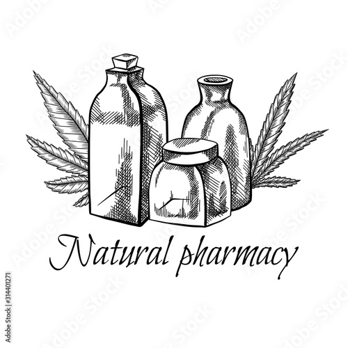 Natural pharmacy. Sketch illustration of vial, bottle and marijuana leaf. Healthcare and medicine. Cannabis pharmacy. Engraving vector objects with hatching for label, card, banner and your creativity