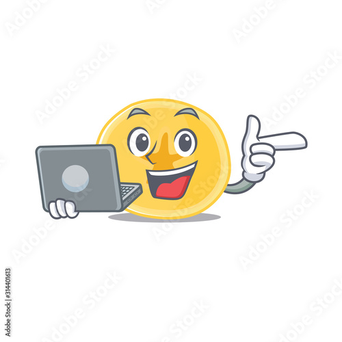 Smart character of banana chips working with laptop