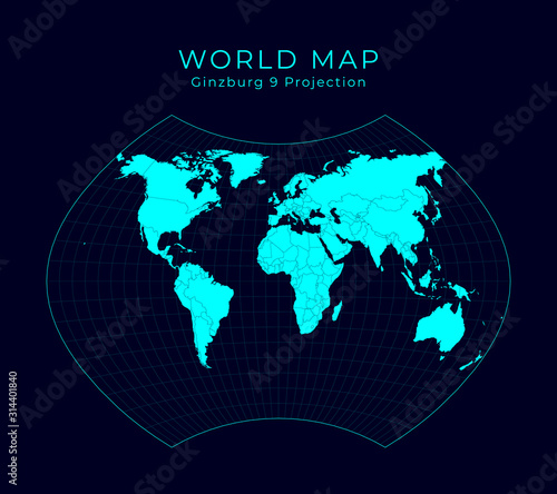 Map of The World. Ginzburg IX projection. Futuristic Infographic world illustration. Bright cyan colors on dark background. Stylish vector illustration.