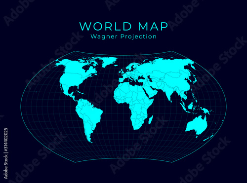 Map of The World. Wagner projection. Futuristic Infographic world illustration. Bright cyan colors on dark background. Classy vector illustration.