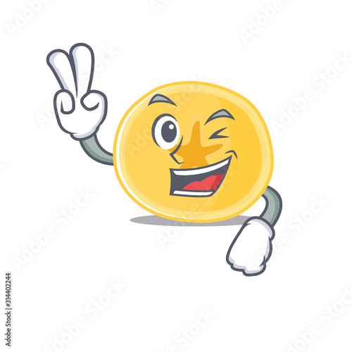 Smiley mascot of banana chips cartoon Character with two fingers