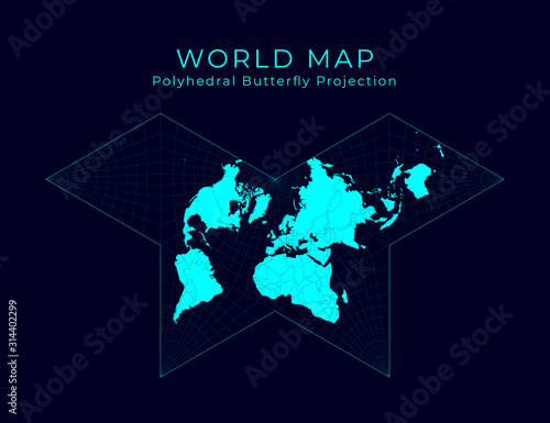 Map of The World. Gnomonic butterfly projection. Futuristic Infographic world illustration. Bright cyan colors on dark background. Radiant vector illustration.