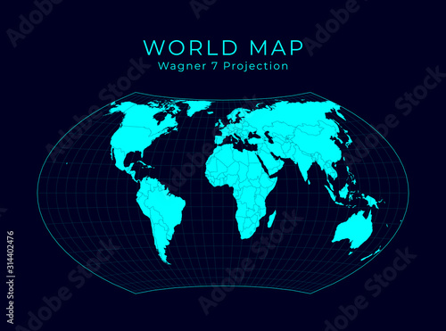 Map of The World. Wagner VII projection. Futuristic Infographic world illustration. Bright cyan colors on dark background. Elegant vector illustration.