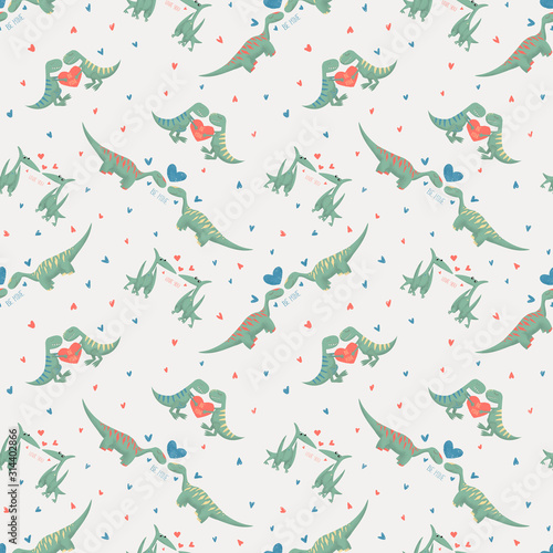 Fototapeta Naklejka Na Ścianę i Meble -  Seamless pattern of dinosaurs in love by February 14th. Tyrannosaur. Diplodocus. Pterosaur. Heart background 