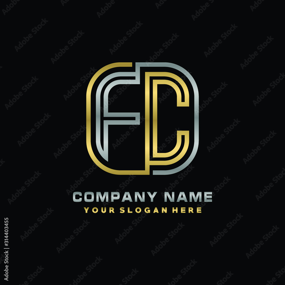 initial letter FC logo Abstract vector minimalist. letter logo gold and silver color initial letter FC logo Abstract vector minimalist. letter logo gold and silver color