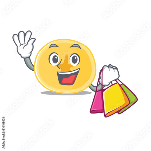A happy rich banana chips waving and holding Shopping bag