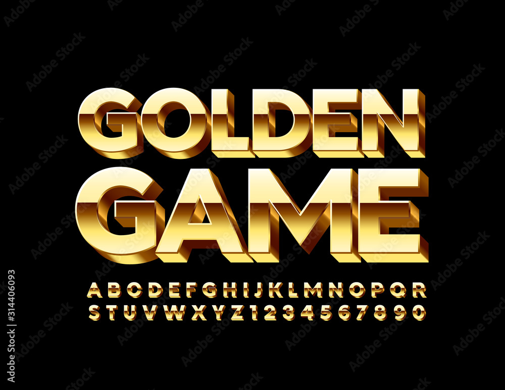 Vector chic Sign Golden Game. Luxury bright 3D Font. Modern Stylish Alphabet Letters and Numbers.