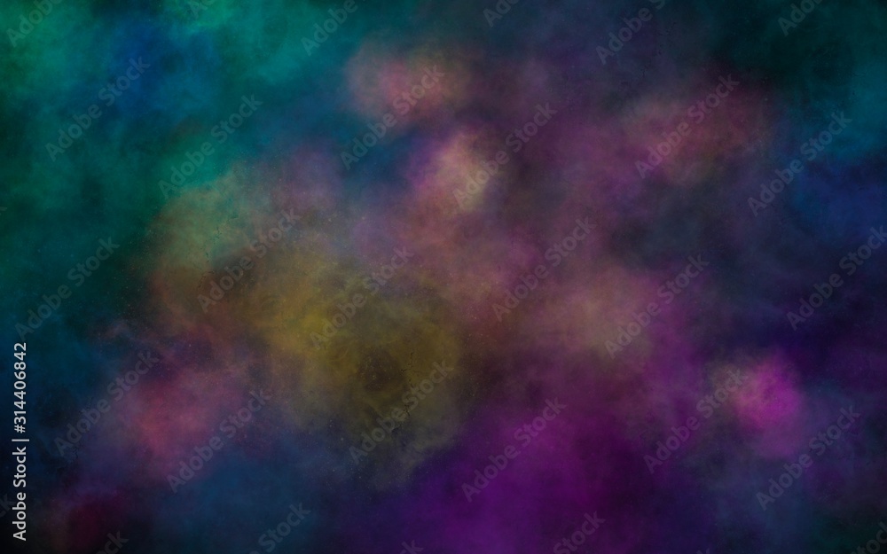 Illustration of colorful randomly painted nebula pattern on black background 