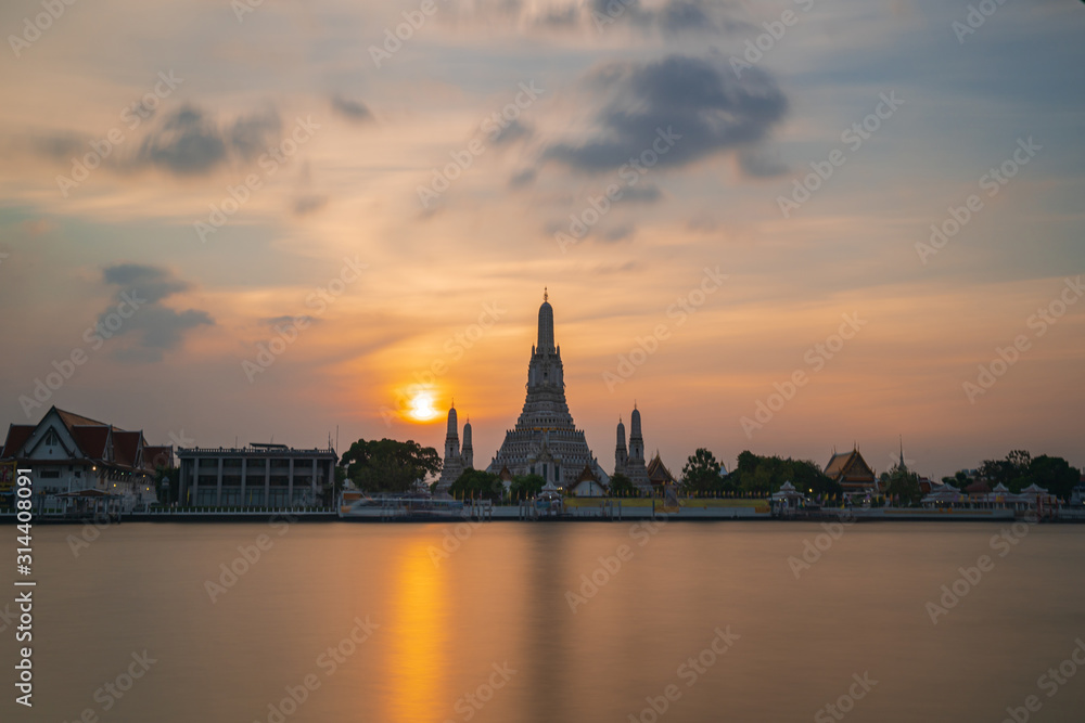 The most beautiful Viewpoint, Wat Arun Ratchawaram Ratchaworamawihan at sunset twilight sky, Bangkok,Thailand