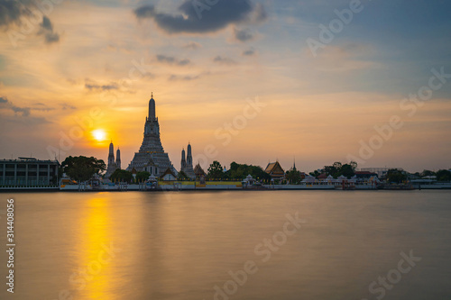 The most beautiful Viewpoint, Wat Arun Ratchawaram Ratchaworamawihan at sunset twilight sky, Bangkok,Thailand