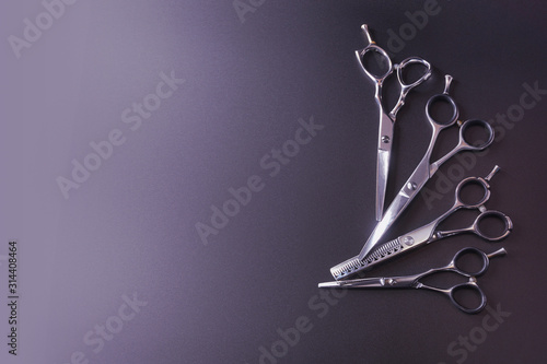 Photo hairdressing different scissors isolated on black background.