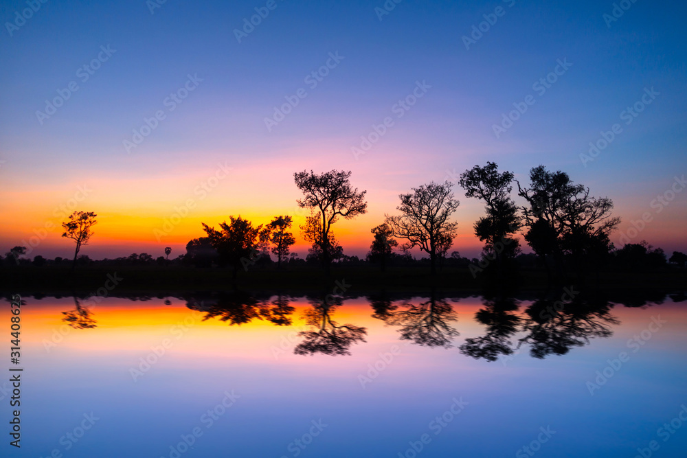 Obraz premium Landscape of silhouettes of trees and reflection in the river at sunset. Contrast cold and warm colors in autumn. Romantic sunset.Dark tree on open field dramatic sunrise reflection in water.