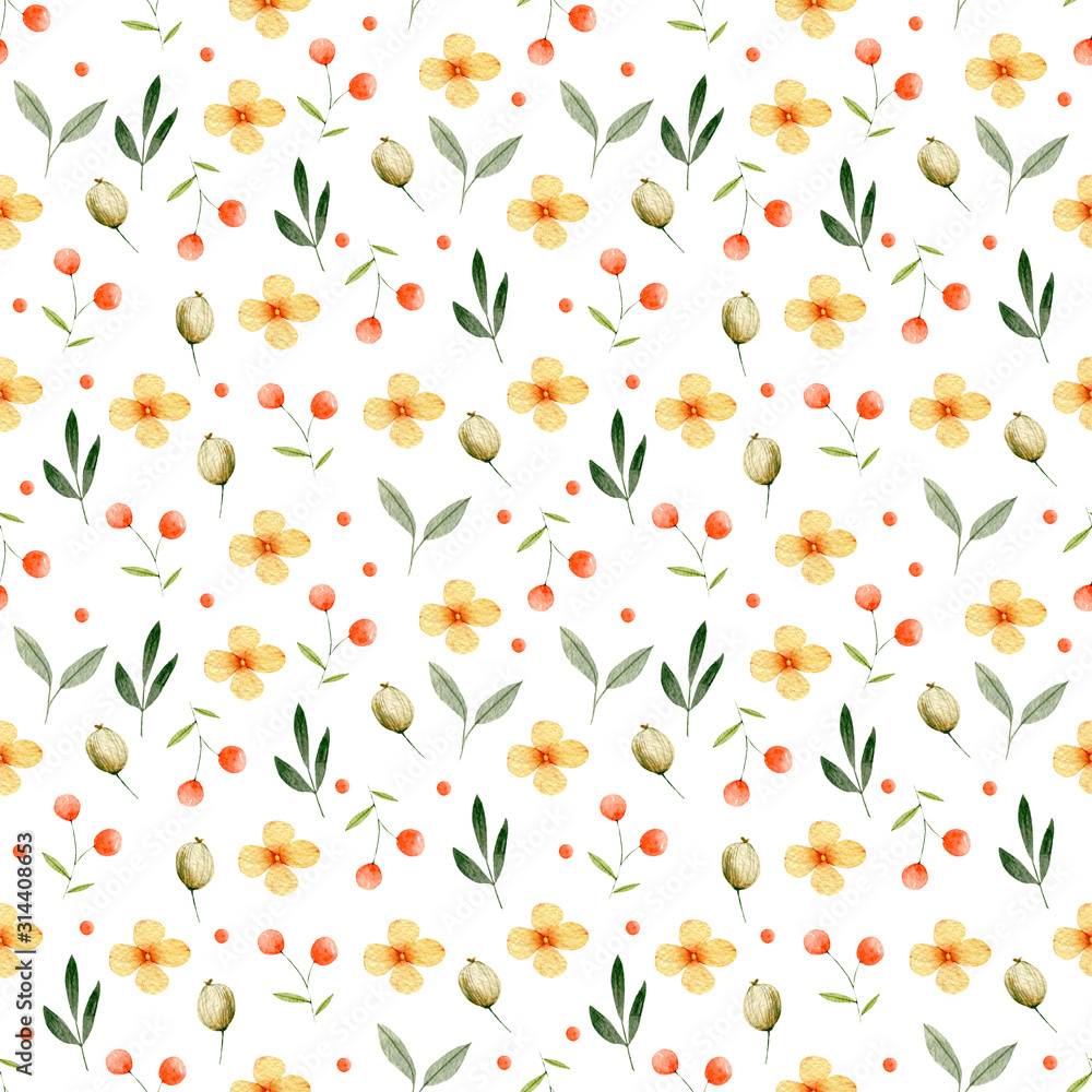 Summer pattern watercolor Yellow flower red berries green leaves illustration seamless pattern on a white background. 