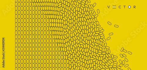 Irregular array or matrix of random ovals. Background breaking down into small fragments.