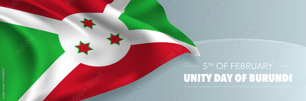 Burundi unity day vector banner, greeting card. Wavy flag in 5th of February national patriotic holiday Burundi unity day vector banner, greeting card. Wavy flag in 5th of February national patriotic holiday