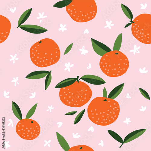 Mandarins seamless pattern for print, textile, fabric. Modern hand drawn stylized citrus fruits background