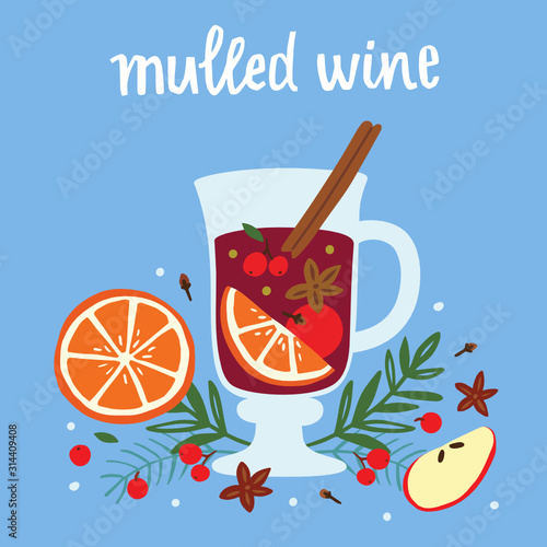 Mulled wine with orange slice and cinnamon stick. Cartoon style. Hand drawn vector flat illustration