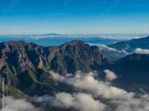 Landscape in the volcanic crater Caldera de Taburiente Natoional Park seen from mountain peak of Roque de los Muchachos Viewpoint  island La Palma  Canary Islands  Spain