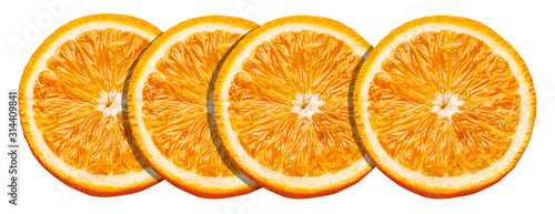 row of oranges slice isolated fruit image on white background