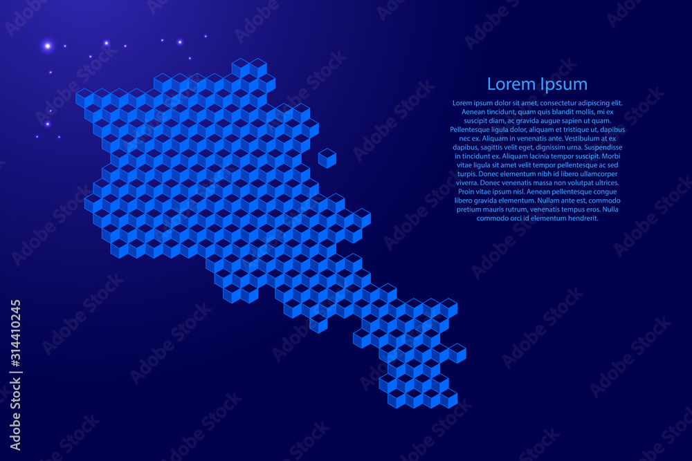 Armenia map from 3D classic blue color cubes isometric abstract concept, square pattern, angular geometric shape, glowing stars. Vector illustration.