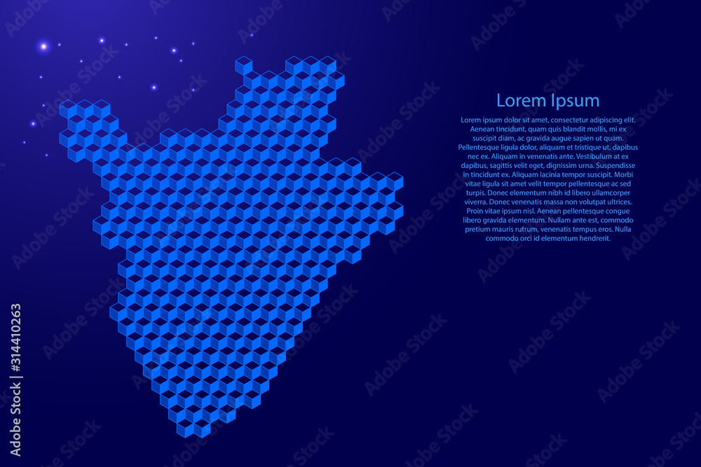 Burundi map from 3D classic blue color cubes isometric abstract concept, square pattern, angular geometric shape, glowing stars. Vector illustration.