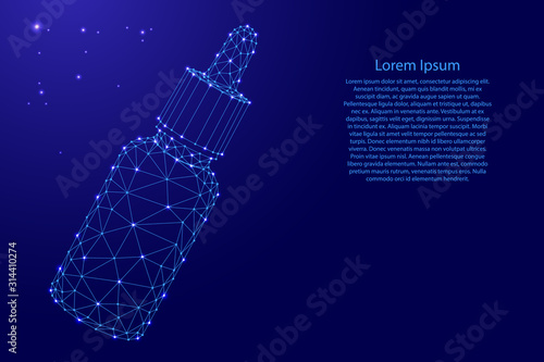 Flacon with a pipette in a stopper with a medical liquid, or with CBD oil from futuristic polygonal blue lines and glowing stars for banner, poster, greeting card. Vector illustration.