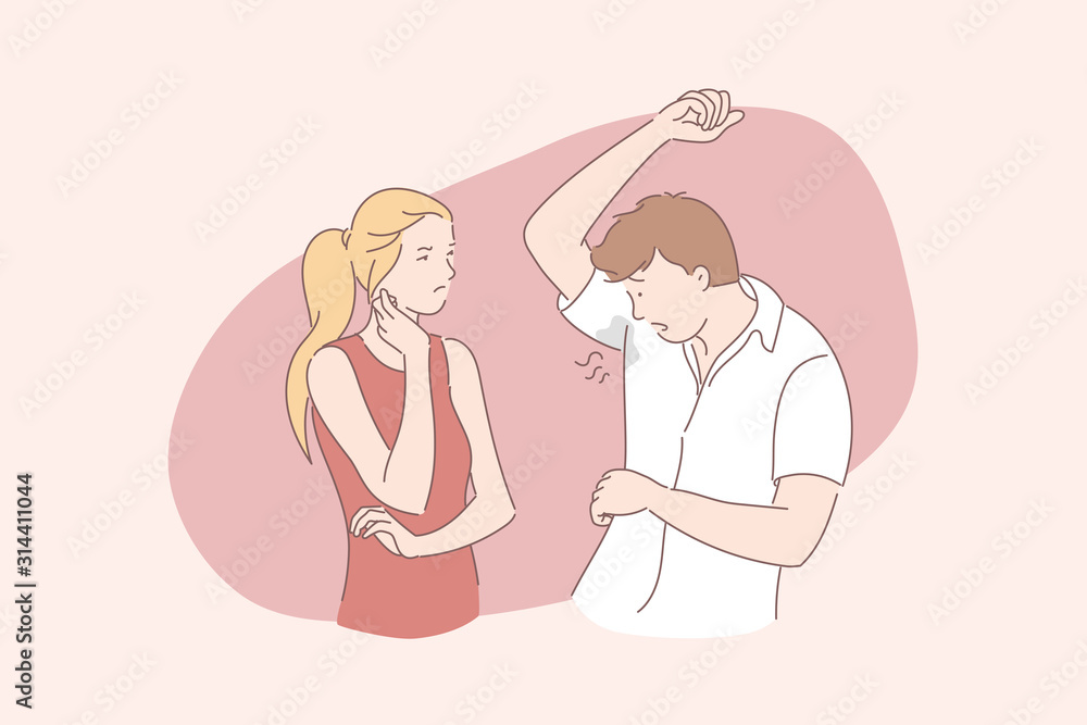 Sweat odor, wet armpit, bad smell, hyperhidrosis concept Sweat odor, wet armpit, bad smell, hyperhidrosis concept