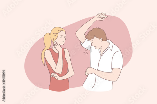 Sweat odor, wet armpit, bad smell, hyperhidrosis concept
