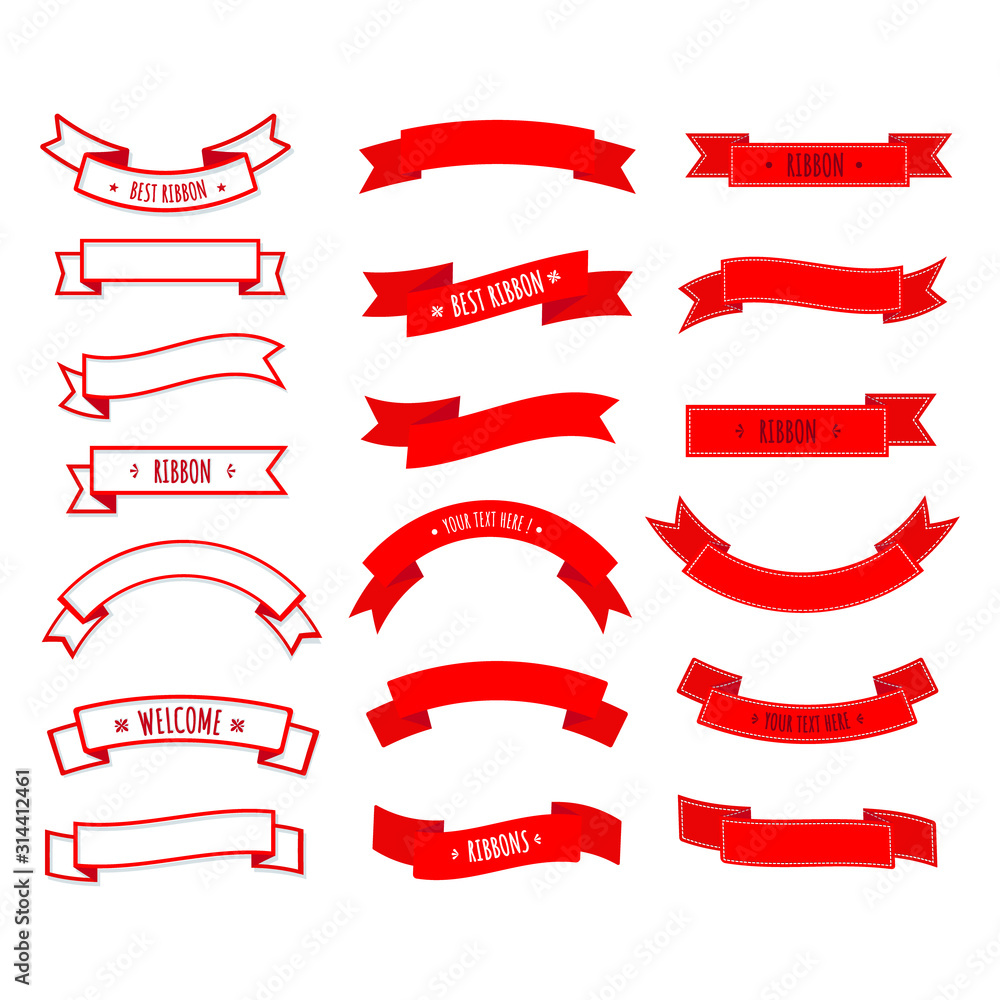Ribbon and Banners set, color of red on white background.