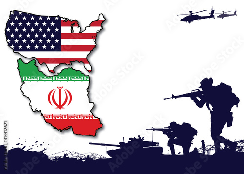 USA and Iran flags with military vector illustration, Army background, soldiers silhouettes.