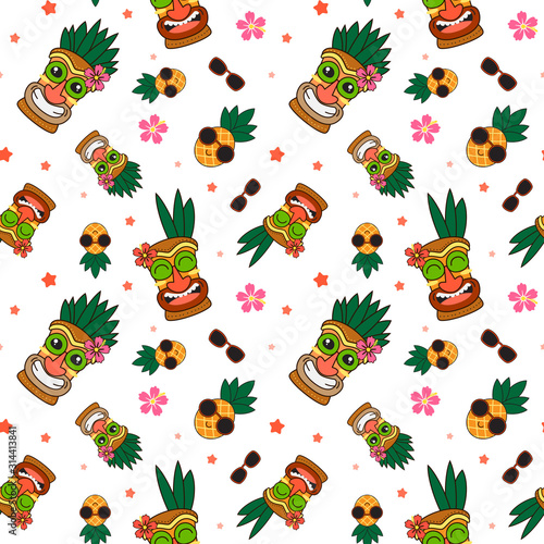 seamless patten hawaiian concept with pineapple and tiki mug