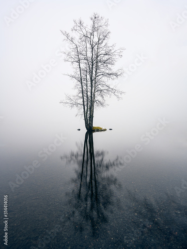 Mood foggy landscape with idyllic little island and calm lake at autumn morning in Finland