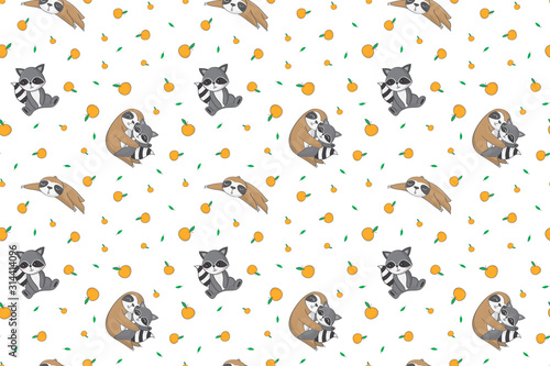 Seamless pattern with raccoon and slooth and orange concept in the white backdrop photo